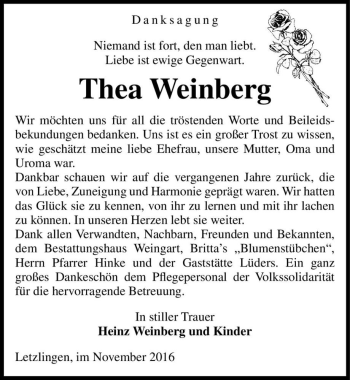 Traueranzeige von Thea Weinberg  von Magdeburger Volksstimme