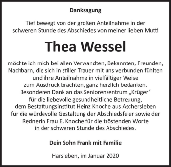 Traueranzeige von Thea Wessel  von Magdeburger Volksstimme