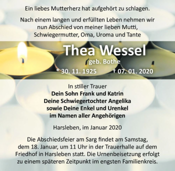 Traueranzeige von Thea Wessel (geb. Bothe)  von Magdeburger Volksstimme