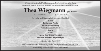 Traueranzeige von Thea Wiegmann (geb. Siebert)  von Magdeburger Volksstimme
