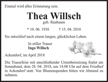 Traueranzeige von Thea Willsch (geb. Raubaum)  von Magdeburger Volksstimme