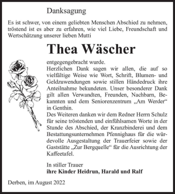 Traueranzeige von Thea Wäscher  von Magdeburger Volksstimme