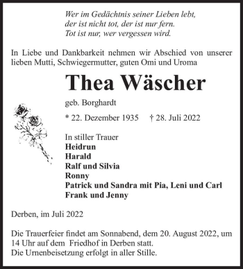 Traueranzeige von Thea Wäscher (geb. Borghardt)  von Magdeburger Volksstimme