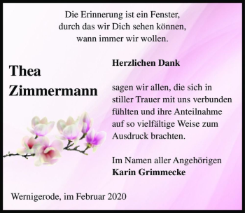 Traueranzeige von Thea Zimmermann  von Magdeburger Volksstimme