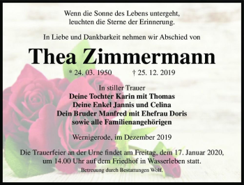 Traueranzeige von Thea Zimmermann  von Magdeburger Volksstimme