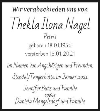 Traueranzeige von Thekla Ilona Nagel (geb. Peters)  von Magdeburger Volksstimme
