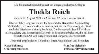 Traueranzeige von Thekla Reich  von Magdeburger Volksstimme