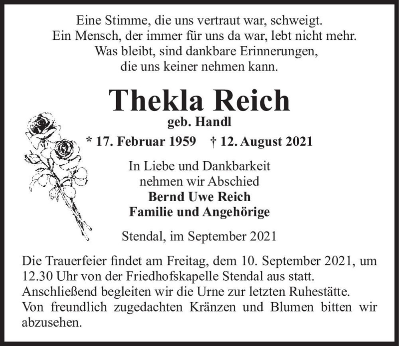  Traueranzeige für Thekla Reich (geb. Handl)  vom 03.09.2021 aus Magdeburger Volksstimme