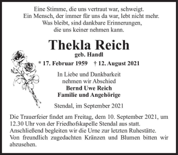 Traueranzeige von Thekla Reich (geb. Handl)  von Magdeburger Volksstimme