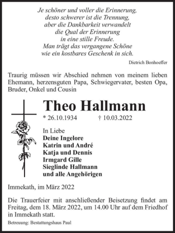 Traueranzeige von Theo Hallmann  von Magdeburger Volksstimme