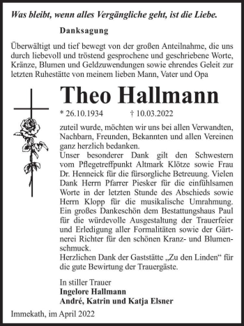 Traueranzeige von Theo Hallmann  von Magdeburger Volksstimme