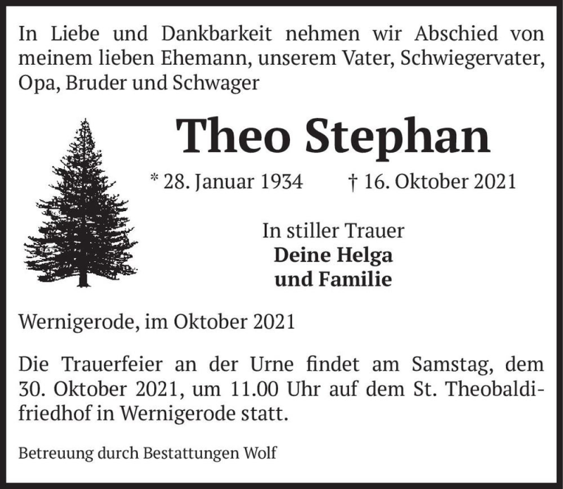  Traueranzeige für Theo Stephan  vom 23.10.2021 aus Magdeburger Volksstimme