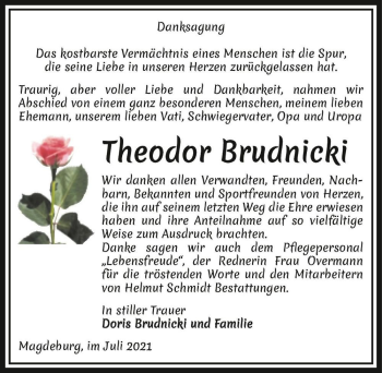 Traueranzeige von Theodor Brudnicki  von Magdeburger Volksstimme