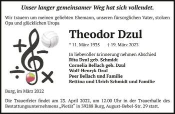 Traueranzeige von Theodor Dzul  von Magdeburger Volksstimme