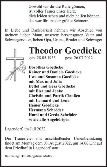 Traueranzeige von Theodor Goedicke  von Magdeburger Volksstimme