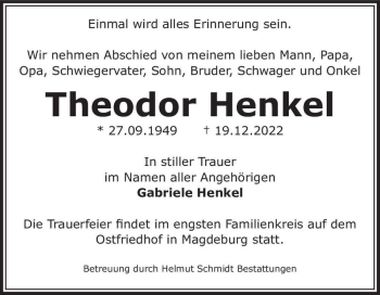 Traueranzeige von Theodor Henkel  von Magdeburger Volksstimme