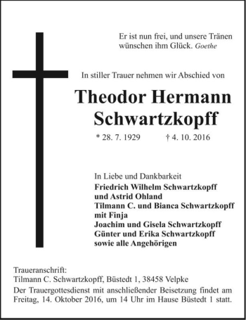 Traueranzeige von Theodor Hermann Schwartzkopff  von Magdeburger Volksstimme