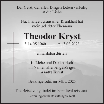 Traueranzeige von Theodor Kryst  von Magdeburger Volksstimme
