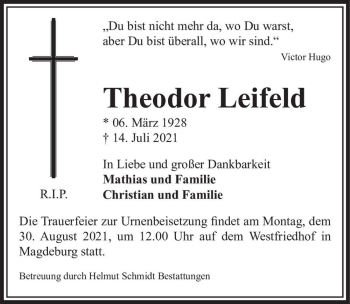 Traueranzeige von Theodor Leifeld  von Magdeburger Volksstimme