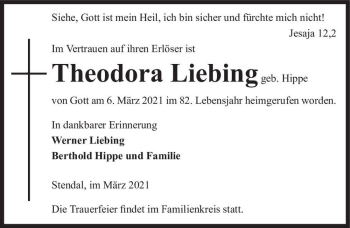 Traueranzeige von Theodor Liebing (geb. Hippe)  von Magdeburger Volksstimme