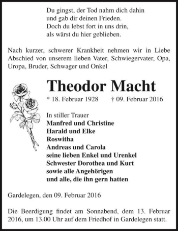 Traueranzeige von Theodor Macht  von Magdeburger Volksstimme