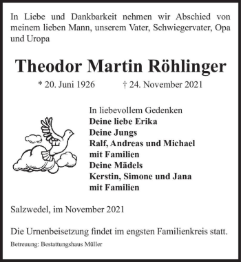 Traueranzeige von Theodor Martin Röhlinger  von Magdeburger Volksstimme