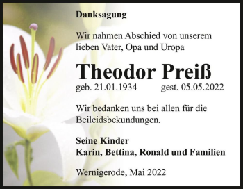 Traueranzeige von Theodor Preiß  von Magdeburger Volksstimme