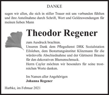 Traueranzeige von Theodor Regener  von Magdeburger Volksstimme