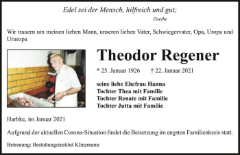 Traueranzeige von Theodor Regener  von Magdeburger Volksstimme