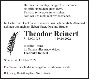 Traueranzeige von Theodor Reinert  von Magdeburger Volksstimme