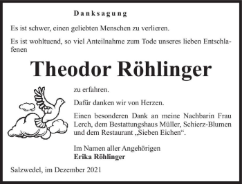 Traueranzeige von Theodor Röhlinger  von Magdeburger Volksstimme