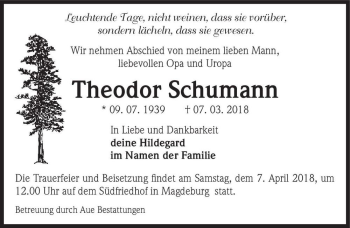 Traueranzeige von Theodor Schumann  von Magdeburger Volksstimme