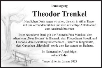 Traueranzeige von Theodor Trenkel  von Magdeburger Volksstimme