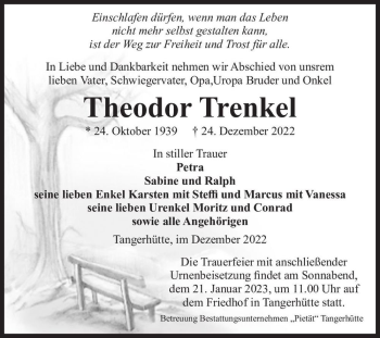 Traueranzeige von Theodor Trenkel  von Magdeburger Volksstimme