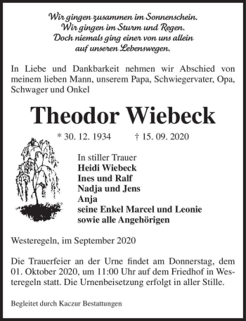 Traueranzeige von Theodor Wiebeck  von Magdeburger Volksstimme
