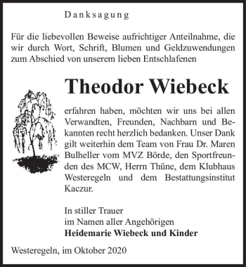 Traueranzeige von Theodor Wiebeck  von Magdeburger Volksstimme