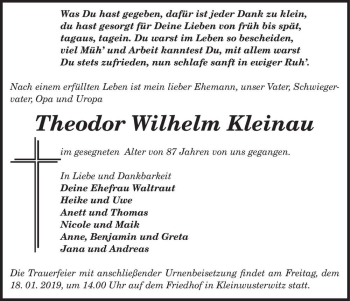 Traueranzeige von Theodor Wilhelm Kleinau  von Magdeburger Volksstimme