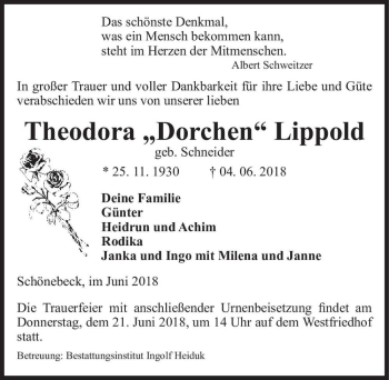 Traueranzeige von Theodora ,,Dorchen
