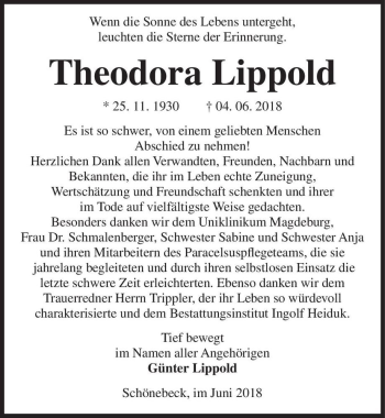 Traueranzeige von Theodora Lippold  von Magdeburger Volksstimme