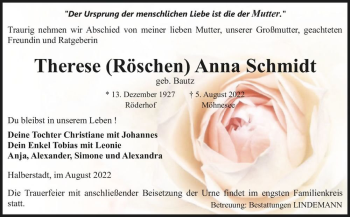 Traueranzeige von Therese (Röschen) Anna Schmidt (geb. Bautz)  von Magdeburger Volksstimme