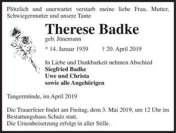 Traueranzeige von Therese Badke (geb. Jünemann)  von Magdeburger Volksstimme