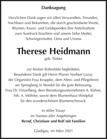 Traueranzeige von Therese Heidmann (geb. Törber)  von Magdeburger Volksstimme