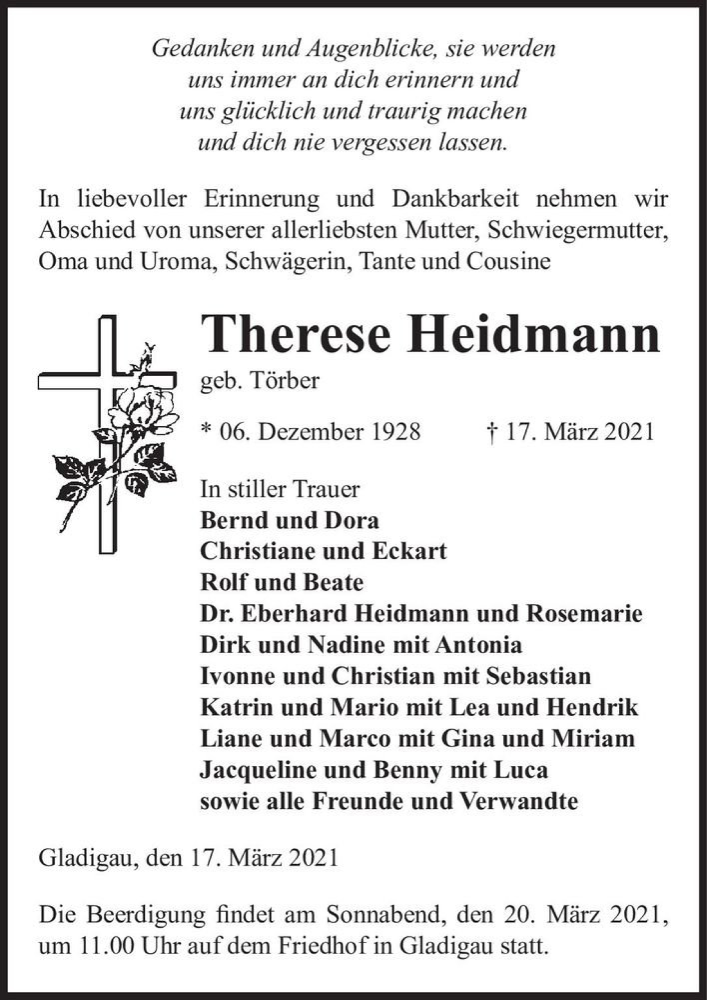  Traueranzeige für Therese Heidmann (geb. Törber)  vom 19.03.2021 aus Magdeburger Volksstimme