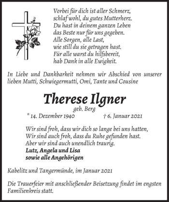 Traueranzeige von Therese Ilgner (geb. Berg)  von Magdeburger Volksstimme