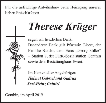Traueranzeige von Therese Krüger  von Magdeburger Volksstimme