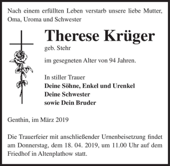 Traueranzeige von Therese Krüger (geb. Stehr)  von Magdeburger Volksstimme