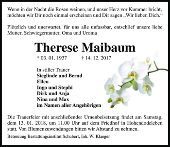 Traueranzeige von Therese Maibaum  von Magdeburger Volksstimme