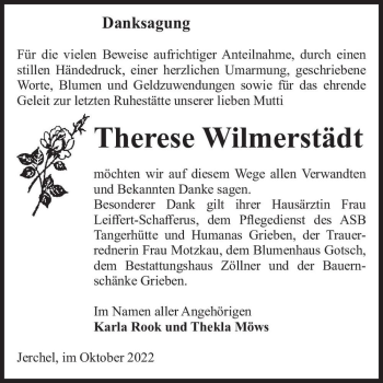 Traueranzeige von Therese Wilmerstädt  von Magdeburger Volksstimme