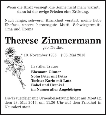 Traueranzeige von Therese Zimmermann (geb. Nettlau)  von Magdeburger Volksstimme