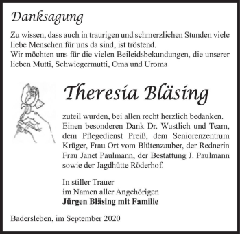 Traueranzeige von Theresia Bläsing  von Magdeburger Volksstimme